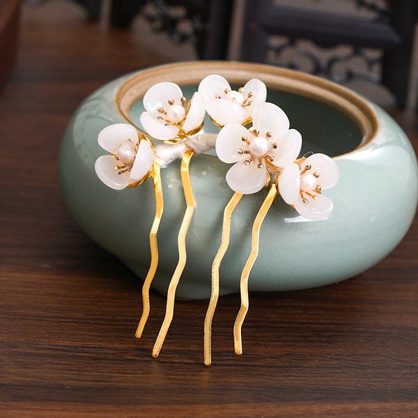 

forseven new retro chinese hairpins women girls hanfu dress cosplay flower pearls hair forks sticks clips bride wedding jewelry, Golden;silver