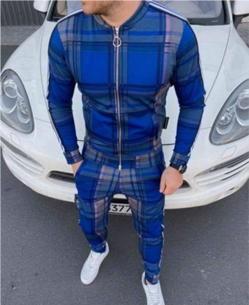 

mens new fashion tracksuits mens plaid print two-piece suits 2020 new plaid jacket + long pants casual men's suits, Gray
