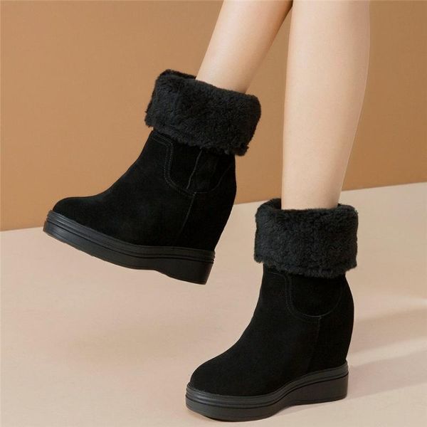 

casual shoes women genuine leather wedges high heel snow boots female slip on winter warm platform pumps high punk sneakers, Black