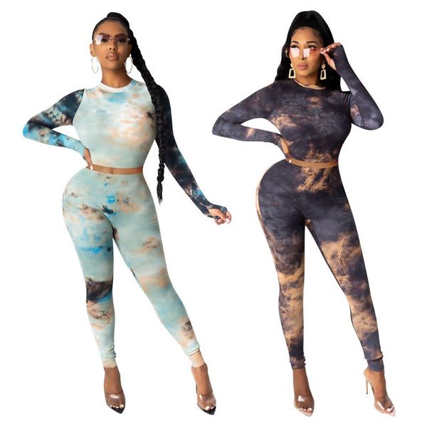 

zkyzwx fall rib tie dye print full sleeve skinny elastic two piece set for women sweatsuit joggers fitness matching sets, Gray