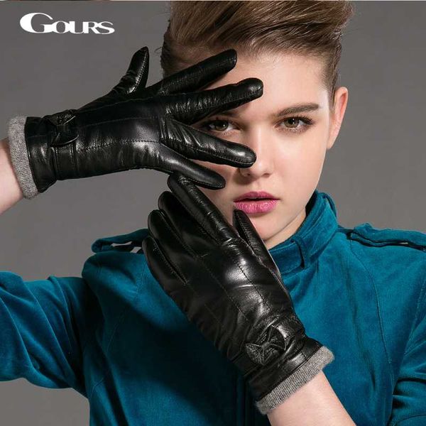 

five fingers gloves gours winter women' genuine leather fashion brand black warm wool driving goatskin mittens luvas gsl036, Blue;gray