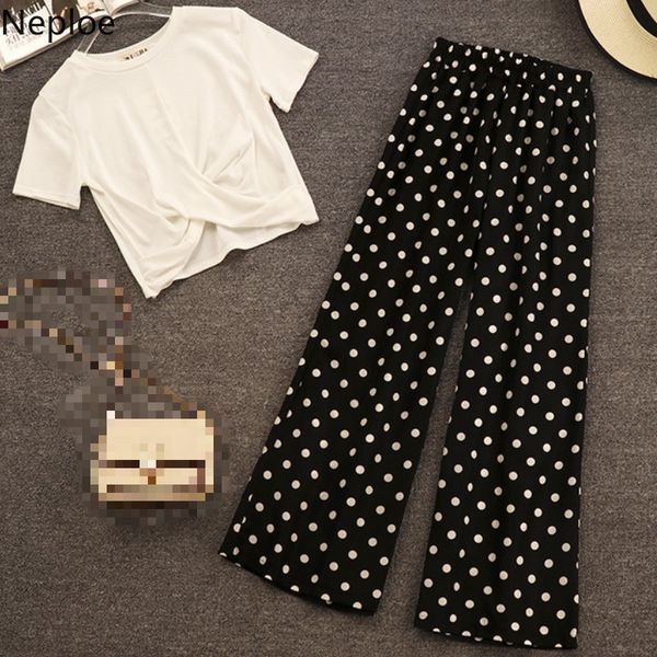 

women's tracksuits neploe spring 2021 women 2 piece outfit loose solid o-neck short sleeve knotting blouse+dot elastic waist wide leg p, Gray