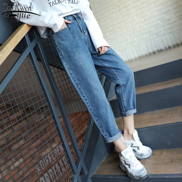 

2020 new deep blue slim denim trousers casual harem capris autumn high waist jeans for women mujer pantalones trousers 10729