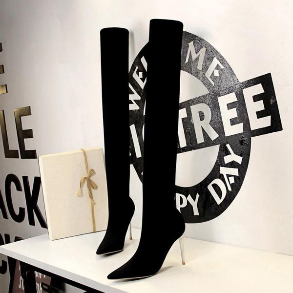 

2020 new women sock over the knee high boots 10.5cm high heels nightclub stiletto extreme heels thigh boots winter stretch shoes, Black