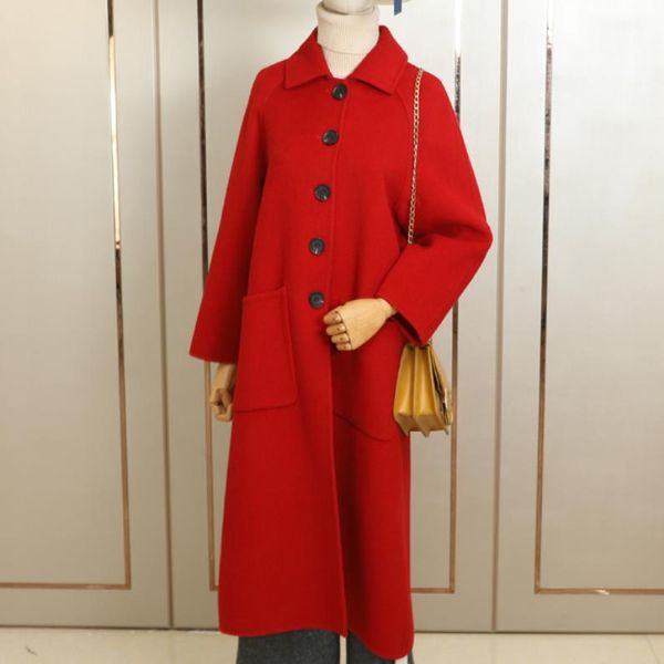 

new winter wool coat spring women double-sided cashmere overcoat for winter turn-down collar wide-waisted coat fashion, Black