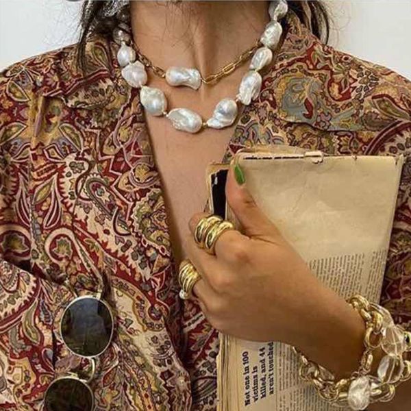 

pendant necklaces kmvexo 2pcs/set baroque irregular simulated pearl statement necklace 2021 summer vacation elegant choker jewelry for women, Silver
