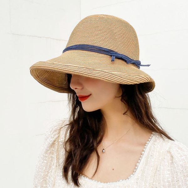 

straw hat women's small eaves summer wild beach tide sunscreen sun hat fashion curling fisherman, Blue;gray
