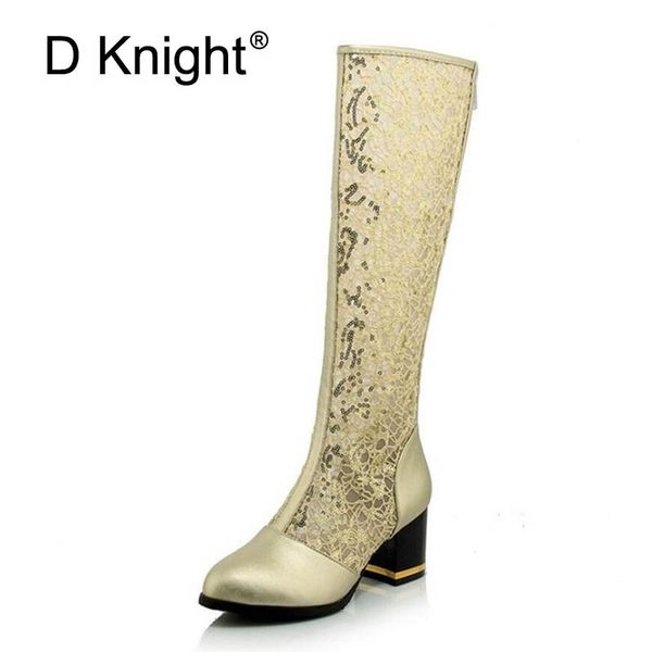 

boots fashion round toe women knee high thick heels zipper cutout mesh summer cool gold black women's shoes