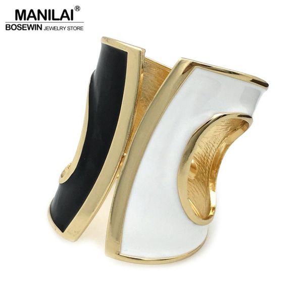 

manilai black mix white oil-spot glaze punk big cuff bracelets women statement bangles bracelets gold color tone alloy jewelry