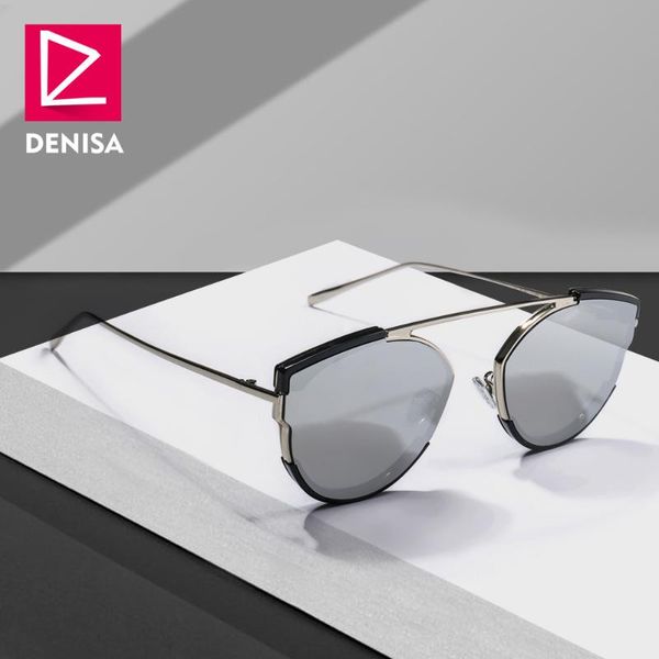 

denisa silver mirror sunglasses ladies 2020 trendy retro cat eye glasses women's travel sun glasses girls uv400 oculos g31067, White;black