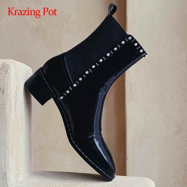 

krazing pot gladiator work boots cow leather pearl decorations stretch round toe thick med heel slip on fashion ankle boots l39, Black
