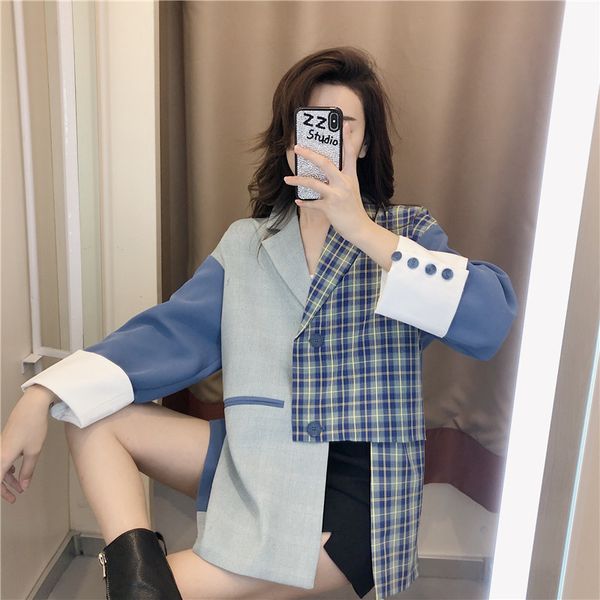 

women's jackets coat spring 2021 korean irregular contrast color stitching fashion personality casua llapel z71, Black;brown