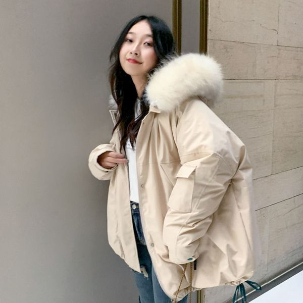 

2020 new winter women fuax fur collar hooded coat female warm thick down cotton jackets harajuku short oversized parkas p57, Black