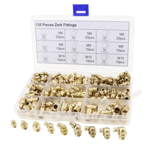 

135pcs brass zerk grease assortment kit m6 m8 m10