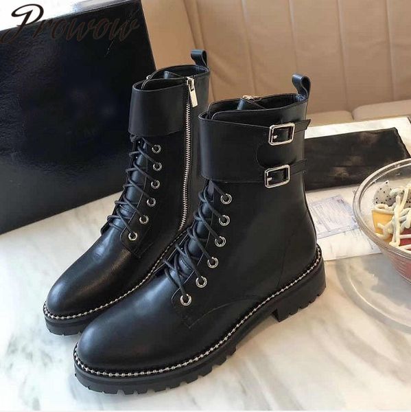 

prowow winter genuine leather metal trimmed lace up ankle boots round toe thick heel zip side women boots, Black