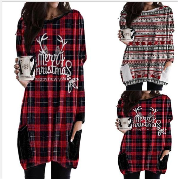 

fashion christmas wind plaid printed tshirt dress letter printed long sleeve a line dress plus size female clothing, Black;gray
