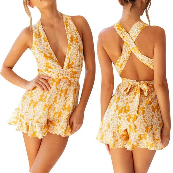 

sale backless jumpsuit for women boho floral printed overalls playsuit casual sleeveless shorts rompers summer holiday d30, Black;white