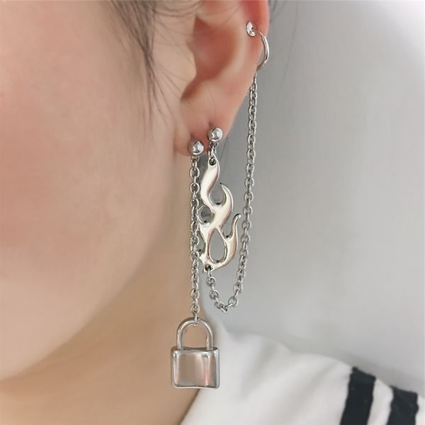 

harajuku girl flame and lock earrings women rock hip hop drop earrings streetwear gothic tumblr hipster jewelry, Silver