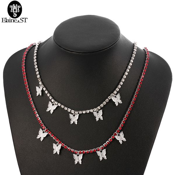 

charm rhinestone double layered chain butterfly necklace iced out choker pendant necklace multilayer women necklaces gift bijoux, Silver