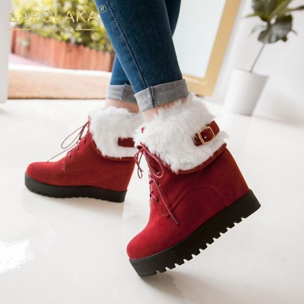 

lapolaka brand new design big size 43 platform ankle boots women shoes increasing heels lace up add fur skidproof boots female, Black