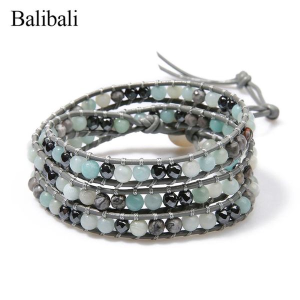 

balibali triple india stone bracelet natural leather strand bracelets for women handmade men jewelry woven rope friendship gifts, Golden;silver