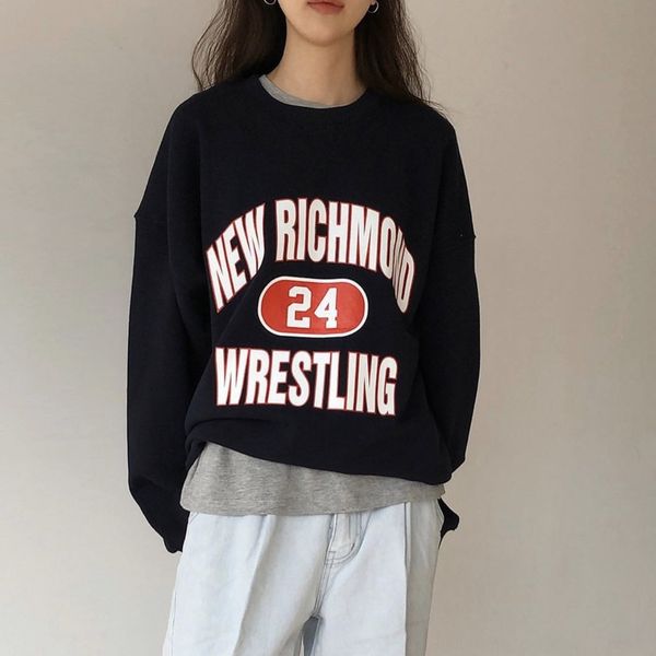 

nantao] korean letter contrast color printing loose round neck women's 2020 autumn and coat sweater sweater winter student casual coat, Black