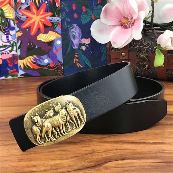 

brass wolf buckle genuine leather belt men ceinture homme leather belts for men waist belt wide riem mbt0026, Black;brown