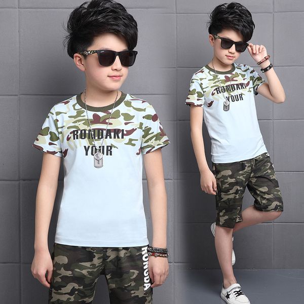 

2019 summer boy clothing sets toddler big boys clothes sets kids children suit rondaki your camouflage t-shirts + shorts, White