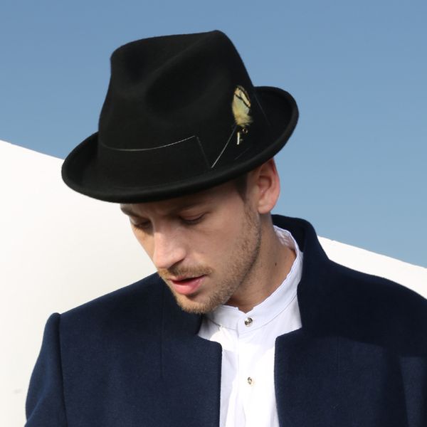 

wide brim hats fashion feather fedora for men australia wool felt hat gentleman keep warm autumn winter trilby, Blue;gray