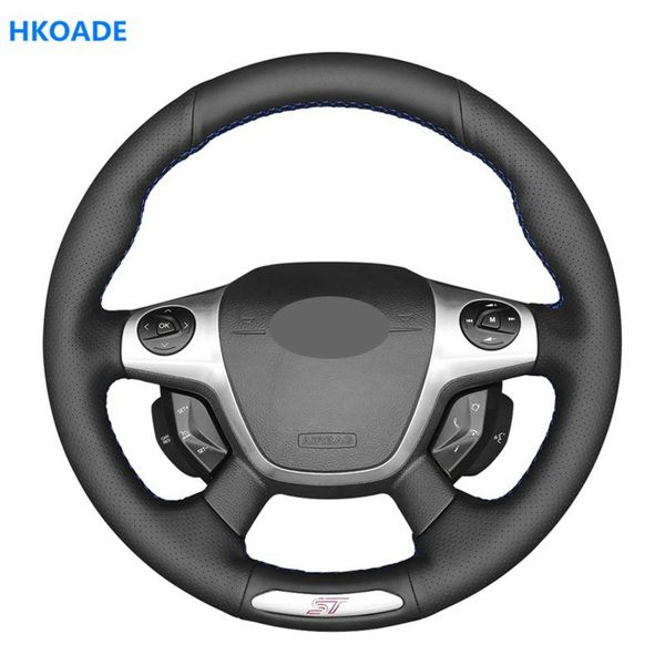 

hkoade hand-stitched black stylish artificial leather car steering wheel cover for focus 3 st 2014 2013 2012