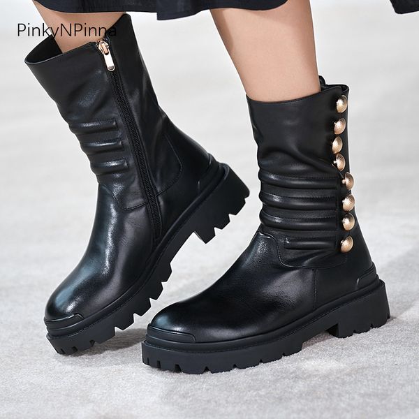 

2020 new luxury women genuine leather ankle boots black gothic style runway metallic botton platform soft warm lady booties