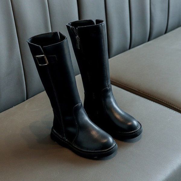 

girls winter rider boots black microfiber leather high boots side zipper low heel fashion girl warm, Black;grey