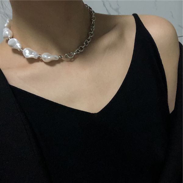 

chokers hip hop natural freshwater baroque irregular pearls choker chain stainless steel necklace for women girl jewelry, Golden;silver