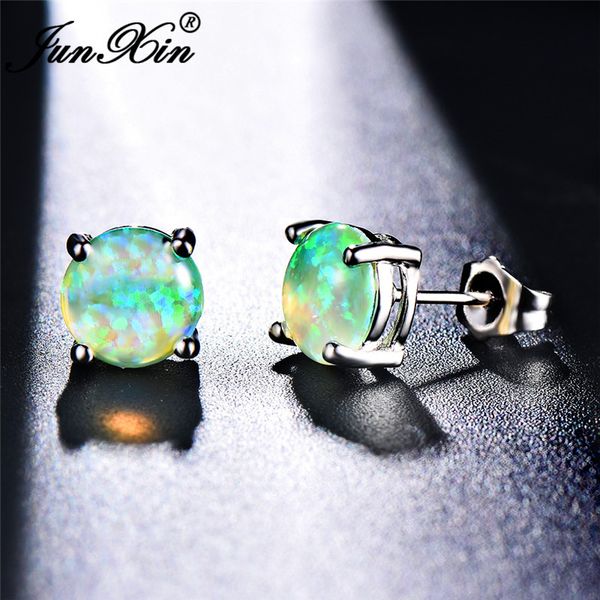 

junxin charm green fire opal earring studs for women silver color round earrings female birthstone wedding earring, Golden;silver