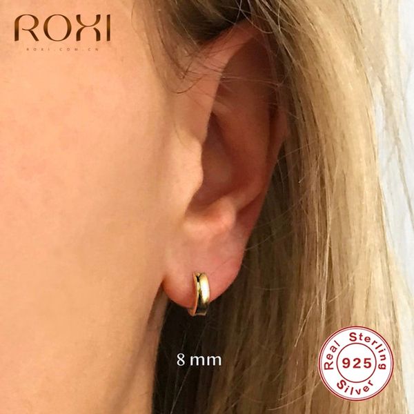 

roxi minimalism 6/8mm glossy small round hoop earrings for women men 925 sterling silver jewelry earrings pendientes mujer, Golden;silver