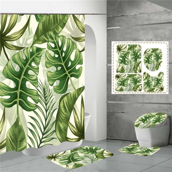 

180*180cm bath curtains 3 sets rug bathroom shower curtain polyester fabric decoration for home leaves pattern screen dw340