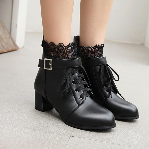 

осень new boots мода повседневная круглый toe женские короткие сапоги кружевной отделкой студент женщин снег, Black