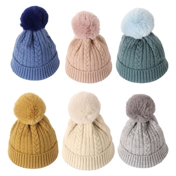 

women winter pompom braided knit beanie cap solid color chunky cuffed skull hat, Blue;gray