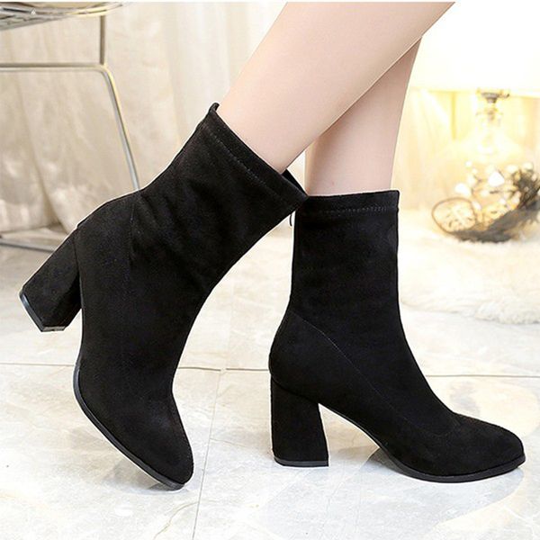 

mcckle women mid calf boots solid suede zip shoes high footwear ladies elegant flock shoe high heel comfort boot fashion new, Black