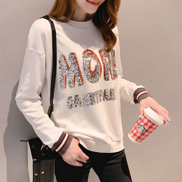 

2019 good quality real p europe station women's autumn sequined loose round collar hoodie, Black