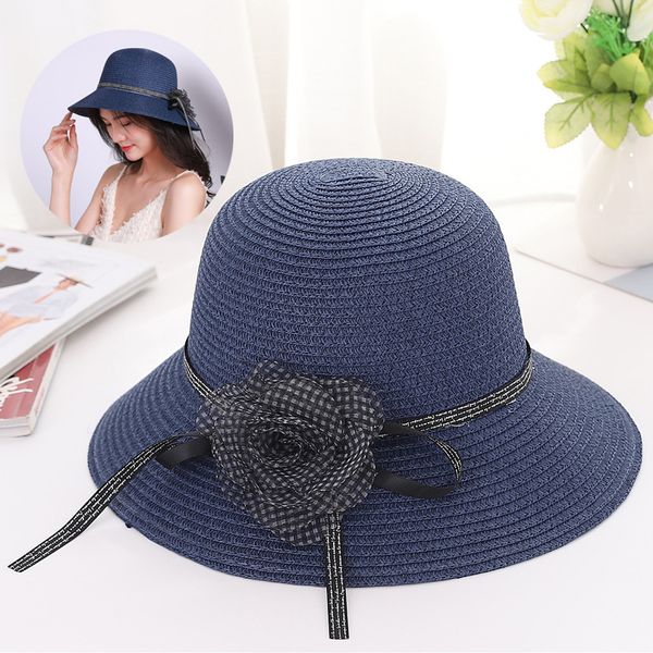 

2020 summer sun hat foldable beach hat outdoor women flower with letters straw caps shade bow basin female bonnet 6 colors, Blue;gray