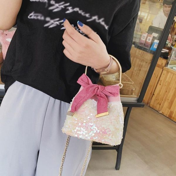 

2020 sequins bucket bag summer woman metal handle chain crossbody messenger bags casual bow tie tote bags for women fashion new
