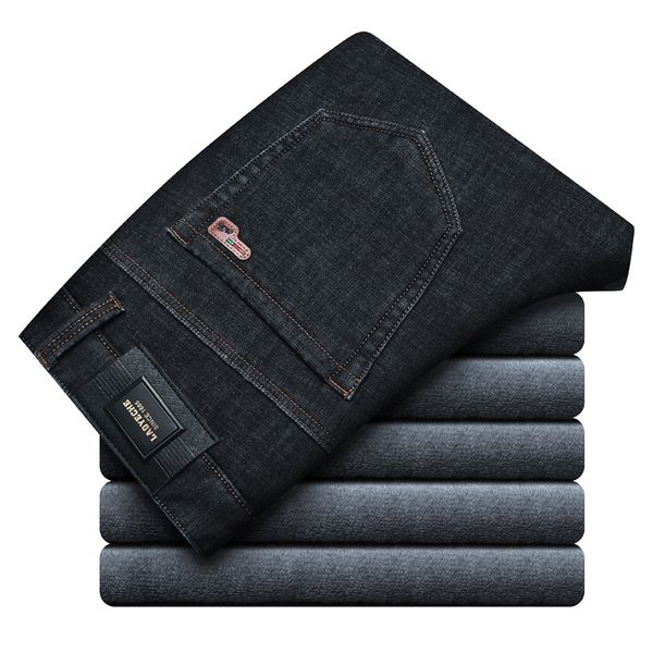 

business plus velvet thick men's jeans autumn and winter stretch straight casual pants fashion classic high waist denim trousers, Blue