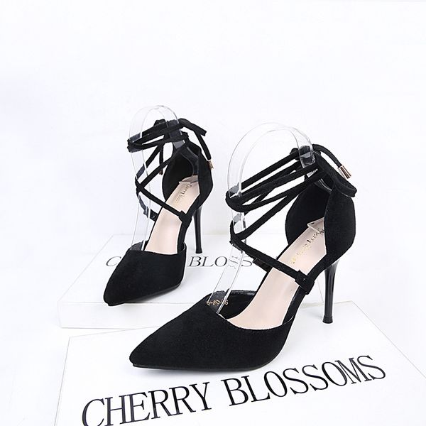 

2020  cm elegant crystal pointed toe wedding shoe women's pumps solid flock fashion buckle shallow high heels shoes, Black