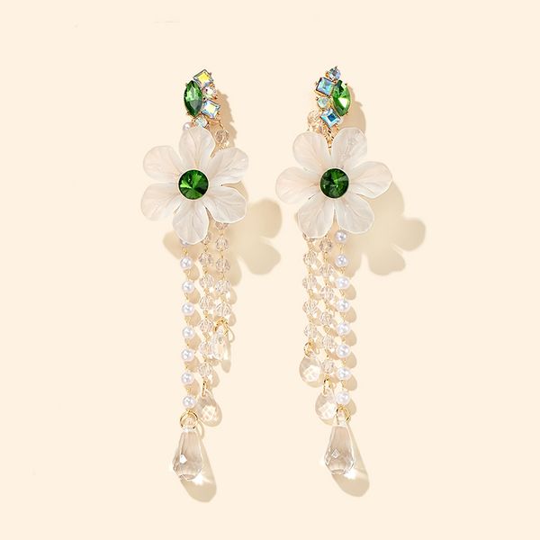 

white glass gem rhinestone pearl tassel earring for women charm flower earring brincos jewelry accessories 14707, Golden;silver