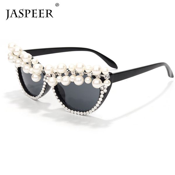

sunglasses jaspeer 2021 pearl cat eye women vintage rhinestone men designer retro diamond, White;black