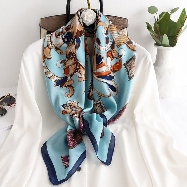 

scarves 2021 fashion for women silk satin hijab scarf female 90*90cm square shawl headband scarfs ladies poncho, Blue;gray