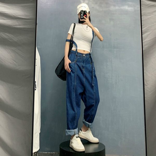 

ewq] 2020 spring autumn new denim overalls women high-waisted slim loose fashion nine-point straight-leg pants 3ac078, Blue
