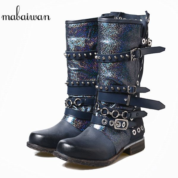 

mabaiwan women winter autumn snow high boots genuine leather warm rivet shoes women flats para mulheres motorcycle riding boots, Black