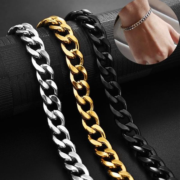 

jiayiqi 5-11 mm men chain bracelet stainless steel curb cuban link chain bangle for male women hiphop trendy wrist jewelry gift, Black